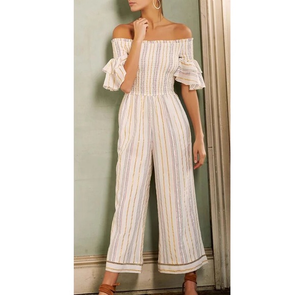 Saylor NYC Metallic Cotton Striped Smocked Ruffle Sleeve Jumpsuit Extra Small